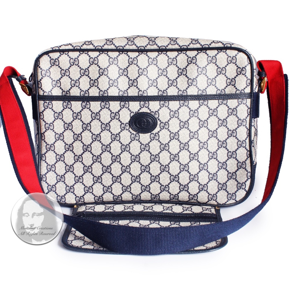 Gucci Messenger Bag GG Plus Canvas Travel Carry On Removable Pouch Navy Vintage